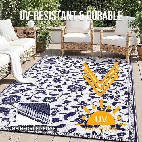 Waterproof Outdoor Rug Medium Outdoor Plastic Straw Rug with Flower Pattern, Reversible RV Mat for Patio, Camping, Balcony, Deck, Backyard, Navy & White