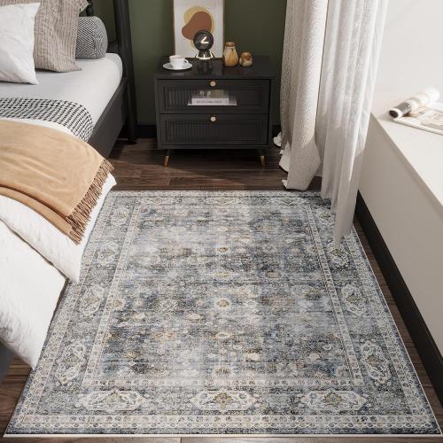 Grey and Blue Bedroom Rectangular Rug Washable Area Rug Non Slip Low Pile Small Carpet for Bedroom, Bedside, Kitchen, Entryway, Kids Room, Office, College Dorm Essentials for Girls