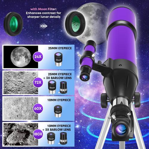 Telescope, Telescope for Adults & Kids & Astronomy Beginners, 80mm Aperture 600mm Portable Refractor Telescopes Fully Multi-Coated Optics with AZ Mount Tripod, Phone Adapter and Moon Filter‼️some accessories maybe missing‼️