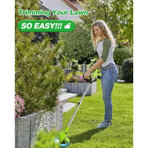 Electric Weed Wacker Cordless, 21V Weed Cordless Eater Battery Powered, with 2Pcs 4.0Ah Batteries, Stringless Brush Cutter, Lightweight Foldable Grass Trimmer, 3 Types Blades, Green