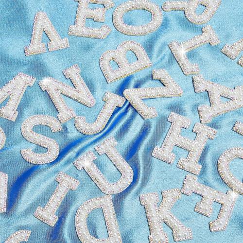 Chuangdi 26 Pcs Pearl Letters Rhinestone Patches Iron on A to Z White Adhesive Pearl Bling Patch Glitter Sew on Alphabet Applique Bling English Letter for Clothes Fabric DIY(1.85 Inch,White)