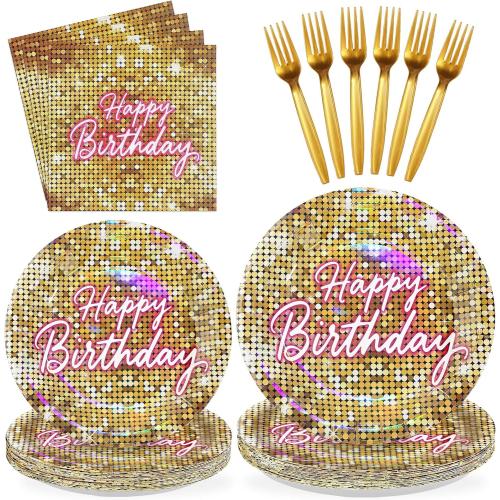 96 Pcs Gold Disco Birthday Party Decorations Gold Shining Shimmer Plates and Napkins Pink Neon Happy Birthday Golden Disco Flash Sequin Tableware Set for Women Girls 70s 80s Party Supplies Serves 24