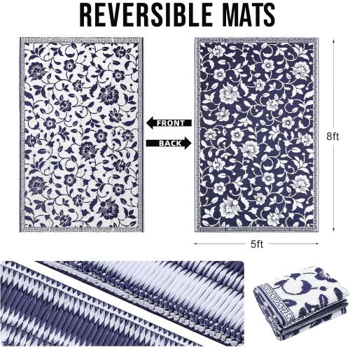Waterproof Outdoor Rug Medium Outdoor Plastic Straw Rug with Flower Pattern, Reversible RV Mat for Patio, Camping, Balcony, Deck, Backyard, Navy & White