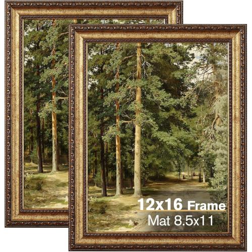 12x16 Gold Picture Frame, 2 Pack Ornate Vintage Picture Frames for Wall or Tabletop Display, 12x16 Photo Frame Gold with Real Glass, Display Poster 8.5x11 with Mat or 12 x 16 without Mat for Antique Déco