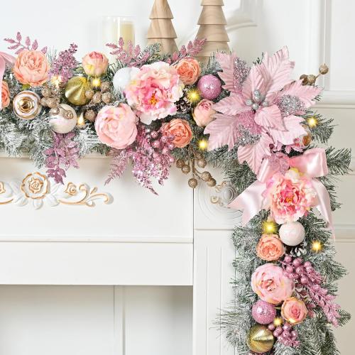 Waipfaru 6FT Christmas Garland with Lights, Pink Christmas Decor, Rose Gold Lighted Flocked Garland with Flower, Berries, Balls, Pinecone, Pink Garlands for Mantle Table Stairs Indoor Outdoor Decor