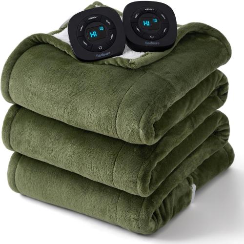 Bedsure Electric Blanket Queen Size - Dual Control Heated Blanket Queen, Fast Heating with 10 Time Settings & 10 Heat Settings, Warm Gift for Grandma (84x90 inches, Olive Green)
