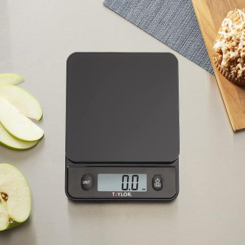 Taylor Glass Top Food Scale with Touch Controls, 11 lb Capacity, Sleek Black Design for Precision Food Measurement in Grams and Ounces