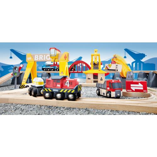 BRIO World Cargo Railway Deluxe - Wooden Track Train Set - Battery-Powered Engine, 3 Cranes, Bridge, Truck - Kids Ages 3  - Compatible with All BRIO Sets - FSC Certified Wood - 54-Pieces
