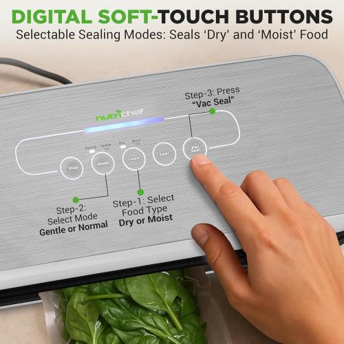 NutriChef Food Vacuum Sealer Machine - Automatic Air Sealing System for Dry & Moist Foods, LED Touch Controls, Includes Vacuum Bags, Hose & Wine Stopper, High Suction Power, 14x6x3, Silver