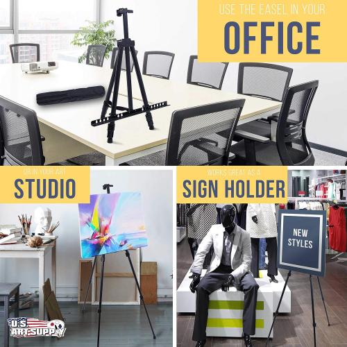 SIZE 66 Black U.S. Art Supply 66 Black Metal Tripod Easel Display - Adjustable 20- 5.5', Holds 32 Canvas - Floor/Tabletop Easel Stand, for Sign Display, Painting, Poster Board, Canvas - Portable Bag