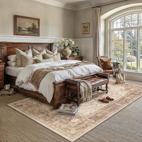 Brown Area Rug Washable Vintage Living Room Carpet Non Slip Retro Distressed Low Pile Soft Oriental Medallion Thin Large Throw Rug for Office Bedroom Dining Room Playroom