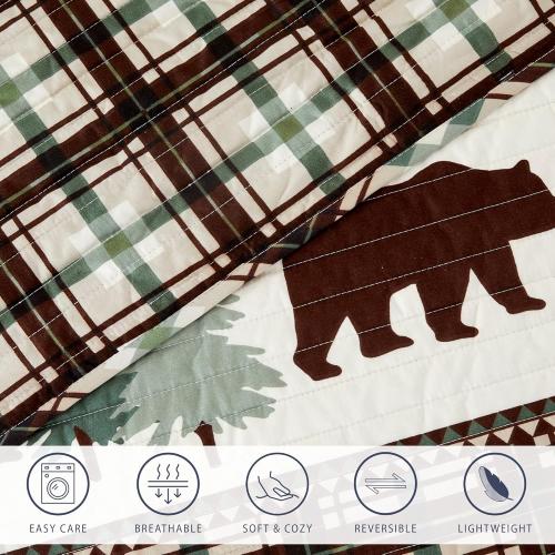 Market & Place 3 Piece Reversible Quilt Set with Shams | All-Season Soft & Lightweight Bedspread | Rustic Lodge Cabin Printed Plaid Design | Cedar Creek Collection (Full/Queen, Chocolate/Green)