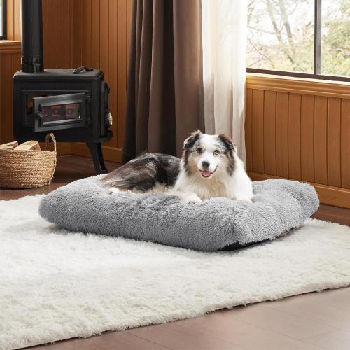 Washable Medium Dog Bed for Crate, Faux Fur Dog Crate Pad for Medium Breed, Plush Soft Comfort Dogs Sleeping Mat, Anti-Slip Pet Kennel Pad, Grey