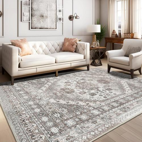 zesthome Size  8x10 Color White Area Rugs for Living Room,Non-Slip Backing Washable Rugs,Vintage Large Area Rug，Stain Resistant Home Decor Rug (Brown/Beige,8'x10')