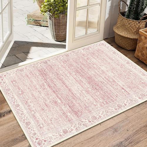 2x3 Area Rug Washable, Boho Pink Rug for Entryway Bathroom Kitchen, Ultra Soft Small Rug Non Slip, Floral Vintage Distressed Throw Rugs Carpet for Home