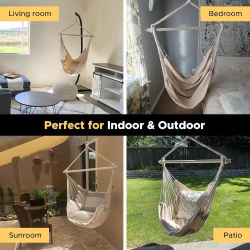 ADVOKAIR Hammock Chair Swing (500 lbs Max) - Hanging Hammock Chair Rope Swing Indoor for Bedroom, Outdoor, Patio, Bedroom, Porch, Deck - Sturdy Steel Bar with Anti-Slip Safety Rings