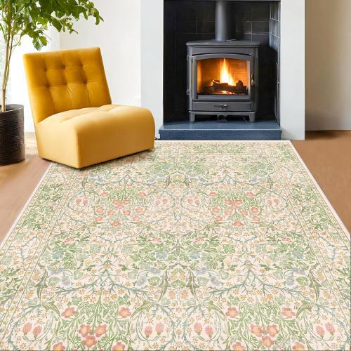 Light Green Bedroom Rug 5x7 Area Rug for Living Room, Vintage Washable Floral Floor Mat for Nursery, Dining Room Low Pile Non Slip Stain Resistance Distressed Retro Indoor (5x7 Beige Green)