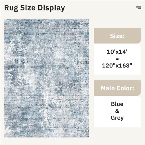 10x14 Area Rugs for Living Room, Non Slip Machine Washable Vintage Rugs, Low Pile Lightweight Large Rug for Bedroom, Dining Room, Home Office Blue