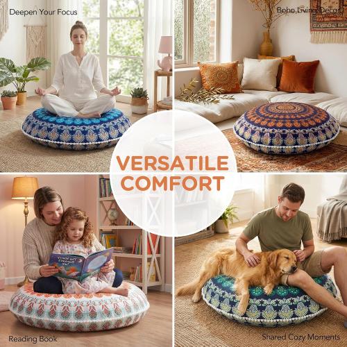 Codi Meditation Floor Pillow, Round Large Pillows Seating for Adults, Bohemian Mandala Circle Cushion for Outdoor Fireplace Yoga Living Room, 32 Inch, Memory Foam Added, Navy