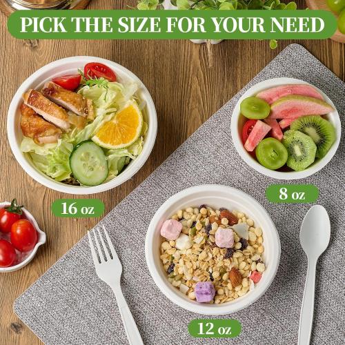 ECOLipak 150 Pack Compostable Paper Bowls, 8 oz Heavy-Duty Disposable Biodegradable Soup Bowls Made of Natural Bagasse, Suitable for Ice Cream, Salad, Dessert, Milk, Cereals