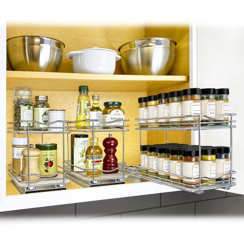 LYNK PROFESSIONAL® Pull Out Spice Rack Organizer for Inside Kitchen Cabinets - 6-3/8 inch Wide - Slide Out Drawer – Chrome Sliding Spice Organization for cabinet - Spice Racks - 2 Tier