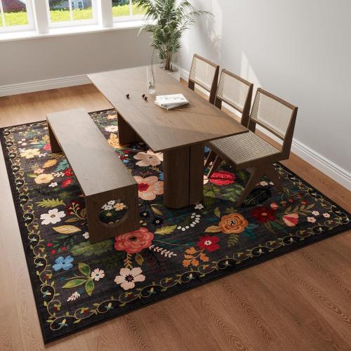 Rugcomf Living Room Rug 6x9 Rug Machine Washable Boho Area Rug Non Slip Floral Vintage Low Pile Large Rug for Living Room, Bedroom, Farmhouse, Dining Room, Kids Playroom(Black)