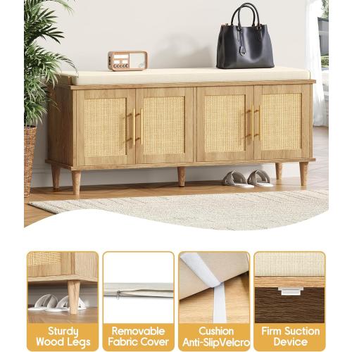 Akxomel Rattan Shoe Storage Bench with Cushion, 2-Tier Entryway Bench with Adjustable Shelves and 4 Doors, Solid Wood Legs, for Hallway, Living Room, Bedroom, Natural Oak *DAMAGED BOX*