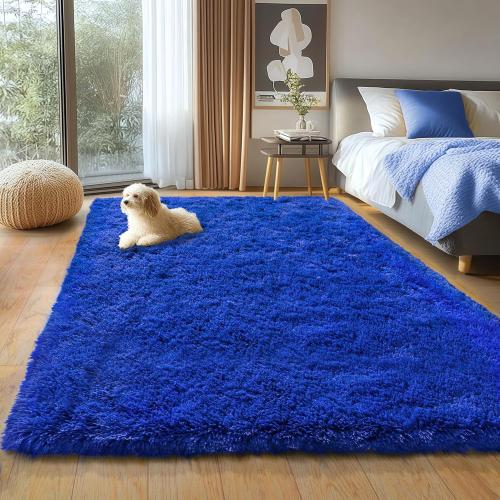 Blue Fluffy Area Rug for Bedroom, 4x5.9 Feet Shag Rugs for Living Room, Kids Rooms Boys Room Nursery, Soft and Comfy, Fuzzy Carpet Teen Dorm Home Decor Aesthetic, Upgrade Non Slip