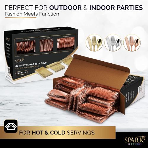 Heavy Duty Plastic Silverware Set - 300 Disposable Rose Gold Utensils (100 Forks, 100 Spoons & 100 Knives) for Party, Birthday, Wedding