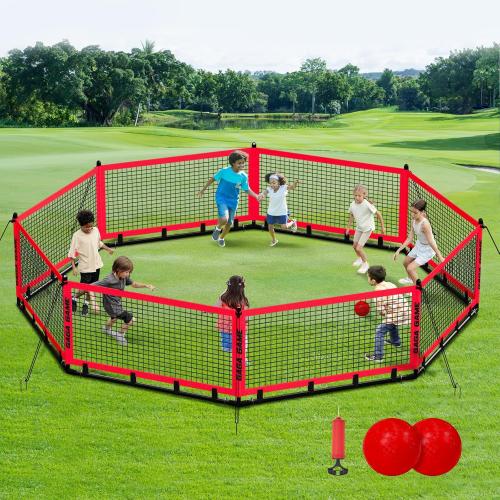 Gaga Ball Pit for Kids, Portable Gagaball Court 15ft Equipped with Carry Bag, 2 Gaga Balls, Wind Ropes and Ground Spikes for Sport Games and Indoor & Outdoor Activities