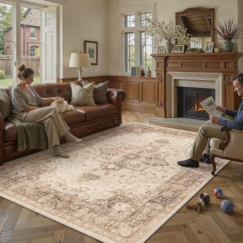 Brown Area Rug Washable Vintage Living Room Carpet Non Slip Retro Distressed Low Pile Soft Oriental Medallion Thin Large Throw Rug for Office Bedroom Dining Room Playroom