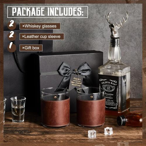 2 Sets Size 11.5 oz Leather Rocks Glasses 11.5 oz Leather Wrapped Whiskey Glasses with Gift Box Glass Sleeve Bourbon Glass Gift for Men Father (Brown)