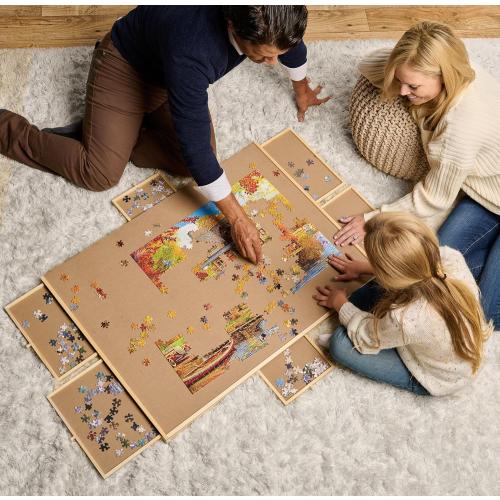 Rotating Wooden Puzzle Board for with 6 Storage Drawers & Protective Cover – Jigsaw Puzzle Table - for Adults & Families Home Entertainment & Puzzle Building (1500 Piece Puzzle Board)