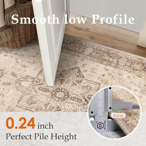 Brown Area Rug Washable Vintage Living Room Carpet Non Slip Retro Distressed Low Pile Soft Oriental Medallion Thin Large Throw Rug for Office Bedroom Dining Room Playroom