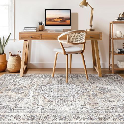 Area Rug Living Room: Washable Boho Large Neutral Vintage Soft Rugs Stain Resistant Farmhouse Non Slip Indoor Floor Carpet for Bedroom Nursery Kids Playroom Office Dining Room Home- Ivory Gray