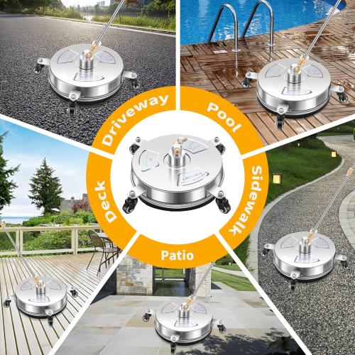 14 Pressure Washer Surface Cleaner with 4 Wheels - Stainless Steel Surface Cleaner for Pressure Washer Attachment for Concrete, Patio, Sidewalk, Deck and Driveways - PWS14
