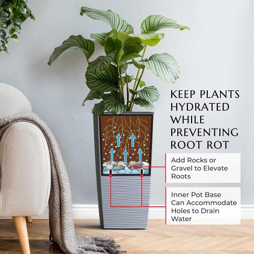 Mueller M-Resin Heavy Duty Tall Planters for Outdoor Plants, Indoor Grande Plant Pots, Boxes, Trees, Flower Pots, 2-Piece Set, 24”, Modern Design, Built-in Drainage, Front Porch Decor, Light Gray