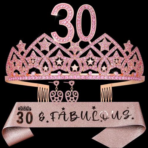 HnoonZ 30th Birthday Gifts for Her,30th Birthday Gifts for Women,30th Birthday Sash,30th Birthday Crown,30th Birthday Tiara,30th Birthday Sash And Crown,30 Crown,30 Year Old Birthday Gifts for Women