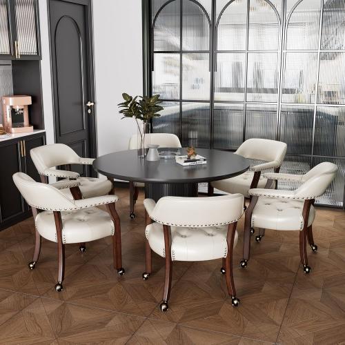 LEEMTORIG Large Dining Chairs with Casters and Arms, Rolling Dining Chairs with Wheels, Accent Game Poker Chairs, Wood Boss Caption's Chairs, 26“Dx25.2 Wx31.5“H, Cherry Legs & Ivory PU, SY-1533-WT