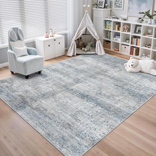 9x12 Washable Rug for Living Room - Abstract Large Rugs for Bedroom, Indoor Non-Slip Soft Carpet,Blue Gray