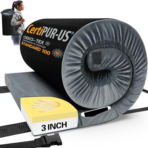 GREY CYMULA CertiPUR-US Memory Foam Camping Mattress Pad, Portable Foam Sleeping Pad for Camping, Roll up Sleeping Mat for Adults Guest Floor Bed for Sleepover, Car, Tent SUV Cot Mattress