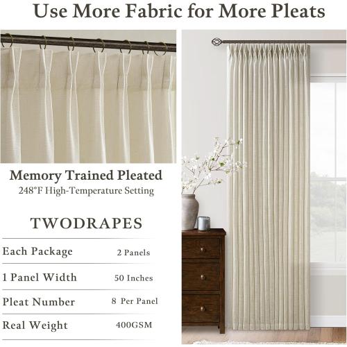 Farmhouse Linen Curtains 90 Inches Long for Living Room Dining 2 Panels Burlap Flax Pinch Pleated Drapes Hooks Rings Rustic Light Filtering Semi Sheer Tan Beige 90 Inch Curtain for Bedroom W50xL90