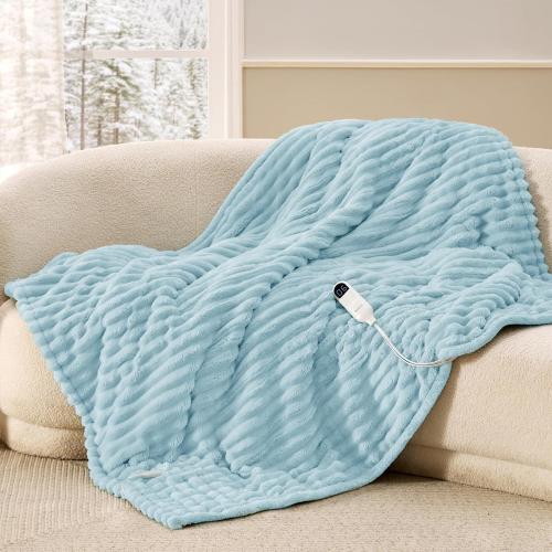 Bedsure Heated Blanket Electric Throw - Thick Striped Flannel Electric Blanket, Heating with 4 Time Settings, 6 Heat Settings, and 3-Hour Timer Auto Shut Off, Gift for Grandma (50x60, Light Blue)