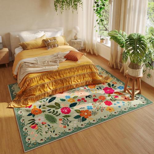 Size Large Color Green Living Room Rug  Rug Machine Washable Boho Area Rug Non Slip Floral Vintage Low Pile Large Rugs for Living Room, Bedroom, Farmhouse, Dining Room, Kids Playroom(Green)