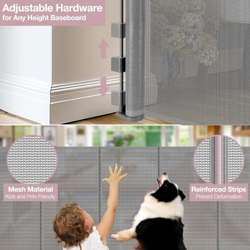 Reinforced 72 Wide Retractable Dog Gate with Support Rods - Prevent Crawling Under Extra Wide Baby Gate Retractable Gate Outdoor, Retractable Pet Gate Long Dog Gate, Mesh Gates for Kids or Pets, Gray