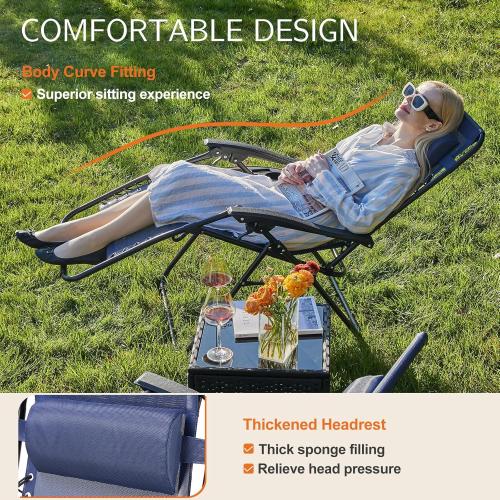 Sweetcrispy Zero Gravity Chairs, Set of 2 Portable Recliner Beach Camping Patio Outdoor Folding Lounge Chair with Cup Holder Trays and Adjustable Pillow for Poolside, Garden, Backyard, Lawn (Blue)