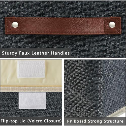Storage Bins with Lid Fabric Storage Box Basket PU Leather Handle Textured Woven Cotton Linen Decorative Foldable Washable Shelf Closet Organizer Container (Flip-top Lid, Gray, Small)