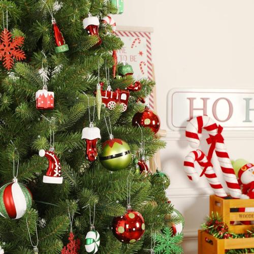 SHareconn 2025 Classic Christmas Balls Ornaments Set, Elf Boots Theme Shatterproof Plastic Decorative Hanging Baubles Bulk for Xmas Tree Decor/Holiday/Party/Wedding, Red Green & White