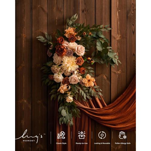 Ling's Moment Fall Artificial Wedding Arch Flowers Kit Pack of 4, 2pcs Hanging Flower Arrangement 2pcs Drapes Ceremony Rose Arbor Backdrop Brunt Orange Terracotta Floral Party Autumn Outdoor Decor