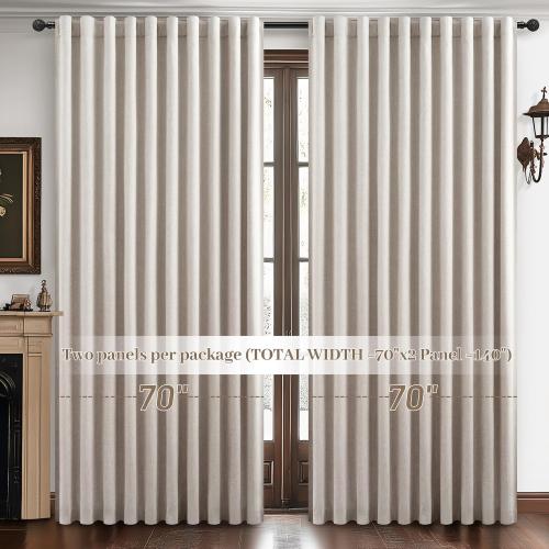 Curtains 70 Inch Length Wide Pleated Blackout Curtain for Sliding Glass Door/Living Room, Farmhouse Natural Linen Thick Boho Bedroom Heavy Insulated Large Window Drapes (70 Wx90 Lx2Panels)